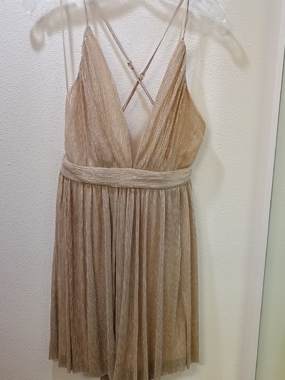 Gold Pleated Midi Dress with Crisscross Straps
